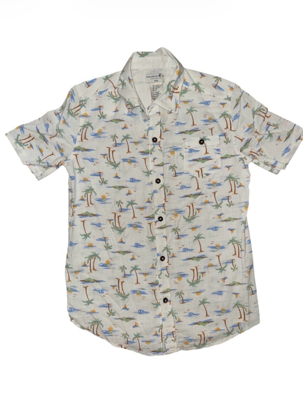 Caribbean Joe Boys Tropical Beach Print Linen Blend Button-Down Shirt